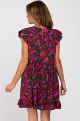 Black Multi-Color Floral Ruffle Accent Dress