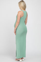 Mint Green Ribbed Sleeveless Side Slit Maternity Dress