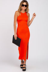 Bright Coral Ribbed Sleeveless Side Slit Dress