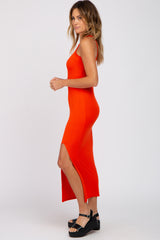 Bright Coral Ribbed Sleeveless Side Slit Dress