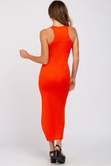 Bright Coral Ribbed Sleeveless Side Slit Dress