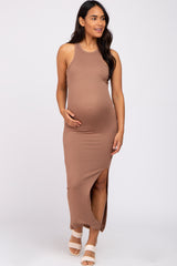 Mocha Ribbed Sleeveless Side Slit Maternity Dress