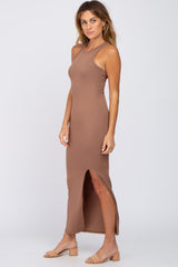 Mocha Ribbed Sleeveless Side Slit Dress