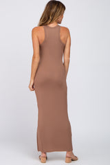 Mocha Ribbed Sleeveless Side Slit Dress