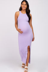 Lavender Ribbed Sleeveless Side Slit Maternity Dress