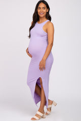 Lavender Ribbed Sleeveless Side Slit Maternity Dress