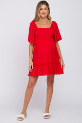 Red Smocked Tie Back Maternity Mini Dress