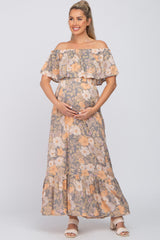 Multi-Colored Floral Ruffle Layered Off Shoulder Maternity Maxi Dress