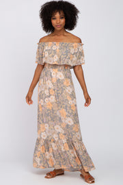 Multi-Colored Floral Ruffle Layered Off Shoulder Maxi Dress