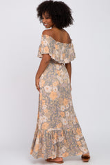 Multi-Colored Floral Ruffle Layered Off Shoulder Maxi Dress