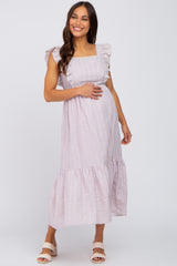 Lilac Striped Ruffle Accent Pinafore Maternity Midi Dress