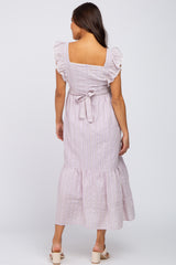 Lilac Striped Ruffle Accent Pinafore Maternity Midi Dress