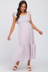 Lilac Striped Ruffle Accent Pinafore Maternity Midi Dress