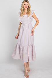 Lilac Striped Ruffle Accent Pinafore Midi Dress