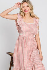 Peach Striped Ruffle Accent Pinafore Midi Dress