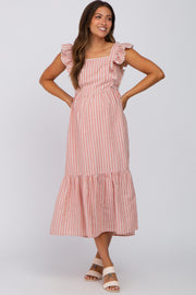 Peach Striped Ruffle Accent Pinafore Maternity Midi Dress