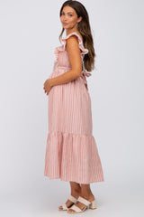 Peach Striped Ruffle Accent Pinafore Maternity Midi Dress