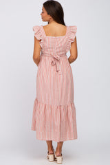 Peach Striped Ruffle Accent Pinafore Maternity Midi Dress