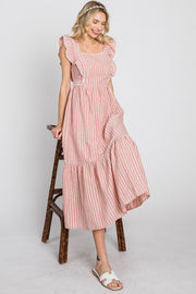 Peach Striped Ruffle Accent Pinafore Midi Dress