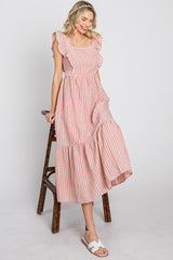 Peach Striped Ruffle Accent Pinafore Maternity Midi Dress