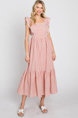 Peach Striped Ruffle Accent Pinafore Midi Dress