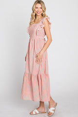 Peach Striped Ruffle Accent Pinafore Midi Dress