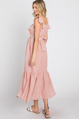 Peach Striped Ruffle Accent Pinafore Midi Dress