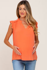 Orange Ruffle Accent Split Neck Maternity Blouse