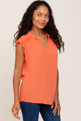 Orange Ruffle Accent Split Neck Blouse