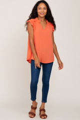 Orange Ruffle Accent Split Neck Blouse