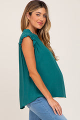 Teal Ruffle Accent Split Neck Maternity Blouse