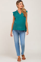 Teal Ruffle Accent Split Neck Maternity Blouse