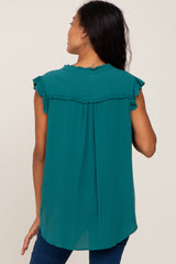 Teal Ruffle Accent Split Neck Blouse