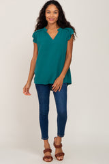 Teal Ruffle Accent Split Neck Blouse