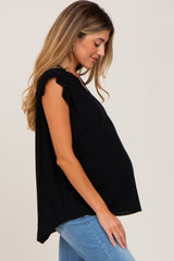 Black Ruffle Accent Split Neck Maternity Blouse