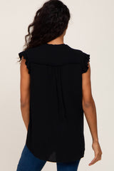 Black Ruffle Accent Split Neck Blouse