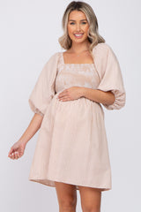 Taupe Striped Smocked Puff Sleeve Maternity Dress