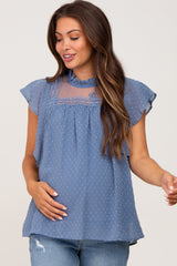 Blue Swiss Dot Ruffle Lace Maternity Blouse