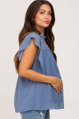 Blue Swiss Dot Ruffle Lace Maternity Blouse