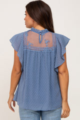 Blue Swiss Dot Ruffle Lace Maternity Blouse