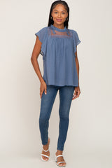 Blue Swiss Dot Ruffle Lace Blouse