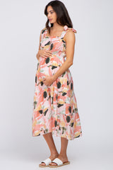 Pink Floral Shoulder Tie Maternity Midi Dress