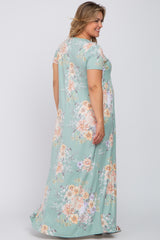 Mint Green Floral Short Sleeve Maternity Plus Maxi Dress