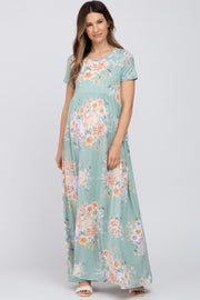 Mint Green Floral Short Sleeve Maternity Maxi Dress