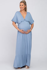 Light Blue Solid Ruffle Maternity Maxi Dress