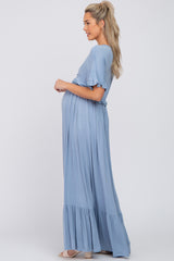 Light Blue Solid Ruffle Maternity Maxi Dress