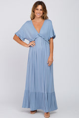 Light Blue Solid Ruffle Maternity Maxi Dress