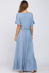 Light Blue Solid Ruffle Maxi Dress