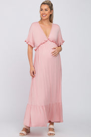 Light Pink Solid Ruffle Maternity Maxi Dress