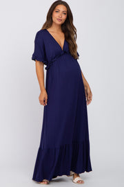 Navy Solid Ruffle Maternity Maxi Dress